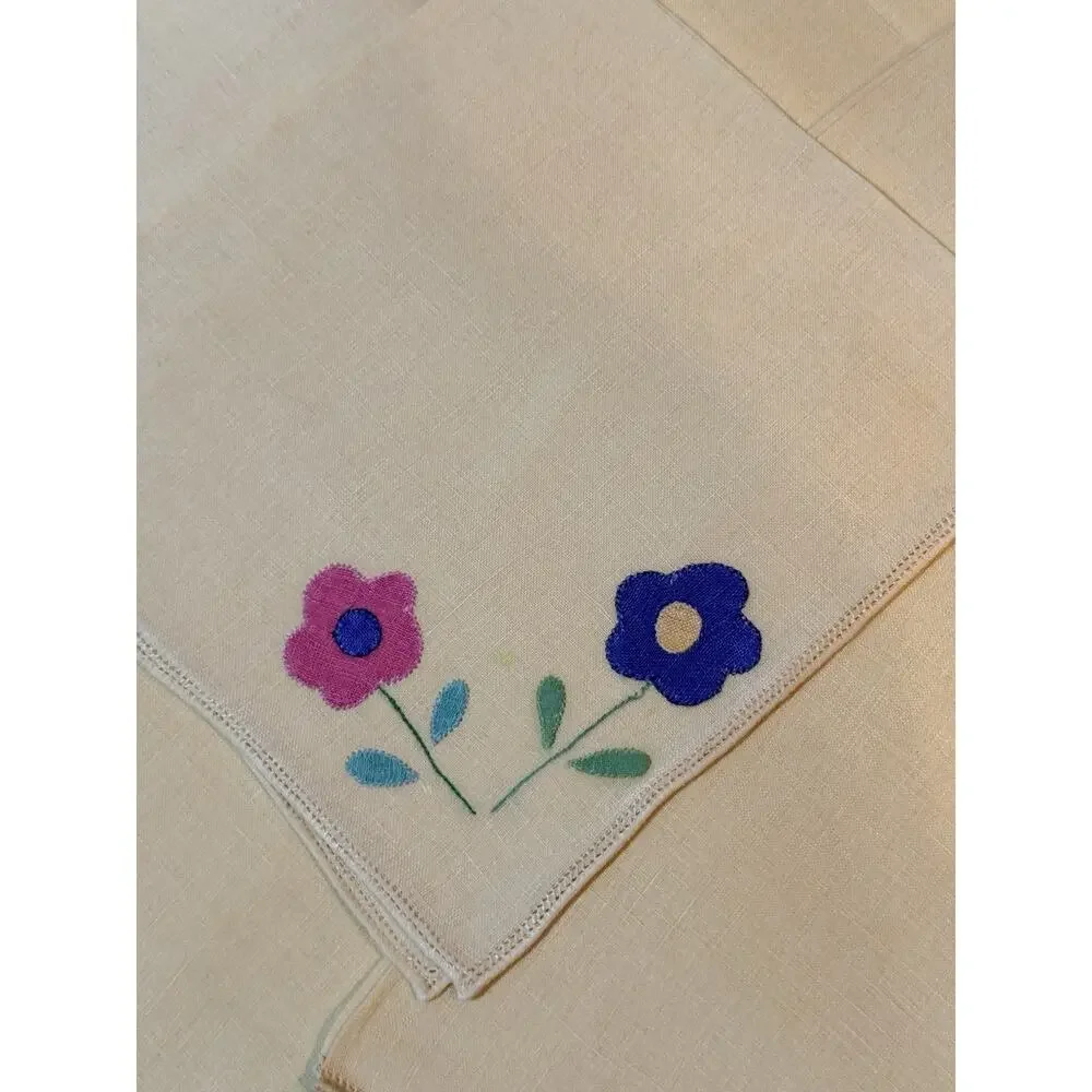 Vintage Linen Luncheon Napkins Set of 8 14x14 Appliqué Flower Floral Mid Century